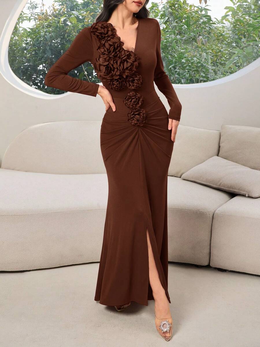 Modelyn Women's Elegant 3D Floral Decor Ruched Long Sleeve Dress,Coffee Brown Chocolate Autumn Formal Dress For Dining,Classy Wedding Guest Solid Color Gown - Coffee Brown - View 1