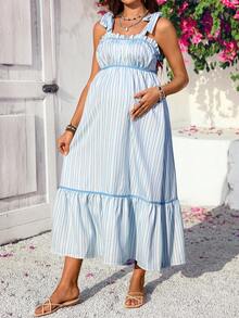 SHEIN 孕妇休闲条纹荷叶边无袖连衣裙 - 藍色 - 查看 3