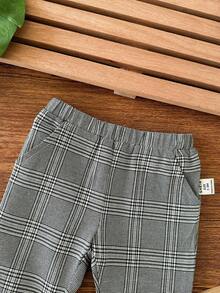 Pantalones casuales y versátiles de cuadros grises con cintura elástica para bebé niña recién nacida, estilo escolar - Gris - Ver 4