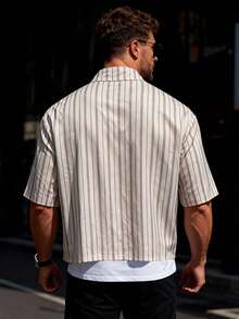 HIMLAND Men's Fashionable Striped Short Sleeve Shirt, Spring/Summer - Khaki - View 5