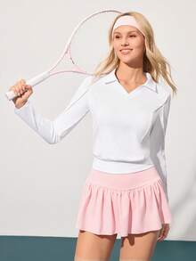 CourtClass Women's Long Sleeve Casual Fitness Sports Polo Shirt - White - View 1