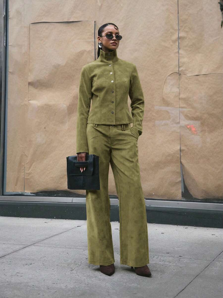 MUSERA Suedette Seam Detail Wide Jean Trousers Cool Girl, Streetstyle, Cute, , , Casual Summer - Olive Green - View 1