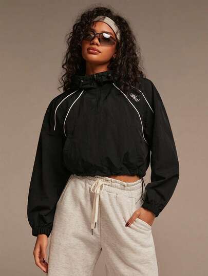 Athîral Women's Casual Black Letter Print Raglan Sleeve Half-Zip Drawstring Hooded Sports Jacket, Elasticated Hem Design, Soft And Comfortable Woven Fabric, Suitable For Outdoor, Loungewear, Sports,Women's Gym Clothes,Female Gym Wear,Gym Clothes,Women's Gym Top,Women's Gym Clothing,Casual Black Top