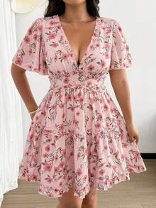 Flirla Đầm voan họa tiết hoa dành cho nữ cỡ lớn, thích hợp đi nghỉ mát, tay bồng, viền ren. - Hồng - Xem 6
