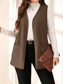 SHEIN PETITE CURVE Abrigo sencillo y casual de unicolor sin mangas y holgado con bolsillo, para primavera/verano, vacaciones en otoño/invierno, talla grande - Camel - Ver 4