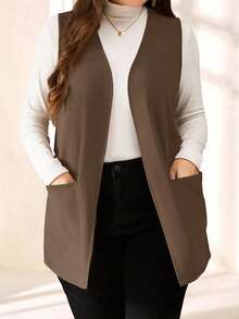SHEIN PETITE CURVE Abrigo sencillo y casual de unicolor sin mangas y holgado con bolsillo, para primavera/verano, vacaciones en otoño/invierno, talla grande - Camel - Ver 5
