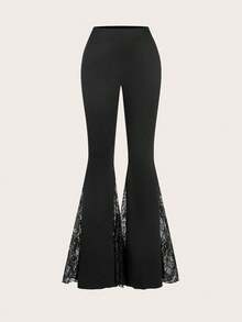 SHEIN MOD Women's Vintage Contrast Lace Flare Pants, Spring - Black - View 2