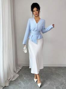 Rafferiza Camicia elegante da donna azzurra per l'autunno, maniche lunghe, scollo a V, vita plissettata con cintura, raffinata per ufficio, pendolarismo e appuntamenti - Blu - Visualizzare 7