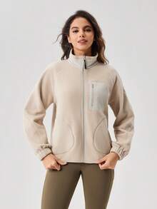 OutZeal Women Outdoor Jacket Winter Casual Thermal Fleece Stand Collar Multi Pockets Outdoor Top - Apricot - View 9