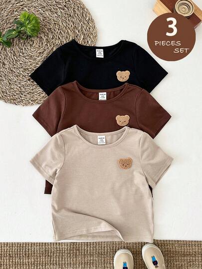 LMoss Kids 3 st stickad enfärgad t-shirt för babypojke, pastoral björn, enkel och bekväm söt