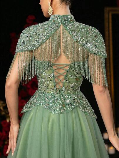 Glamrae Elegant Luxurious Beaded & Sequin Floral Detachable Jacket & Tulle Maxi Skirt, Suitable For Weddings, Parties, Vacations, Galas, Formal Occasions (Heavily Embellished)