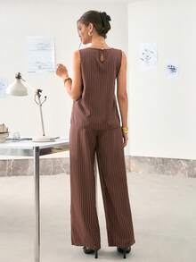 Ritzy Row 绿色女士条纹无袖上衣和宽松长裤两件套 - 咖啡棕 - 查看 3