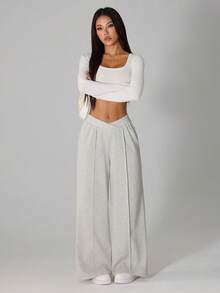 SHEIN PETITE Spring White Solid Asymmetrical Wide Leg Sweatpants Dress Pants Graduation,Back To School Outfits,Graduation,Teacher Outfits For Women,Back To School - White - View 4