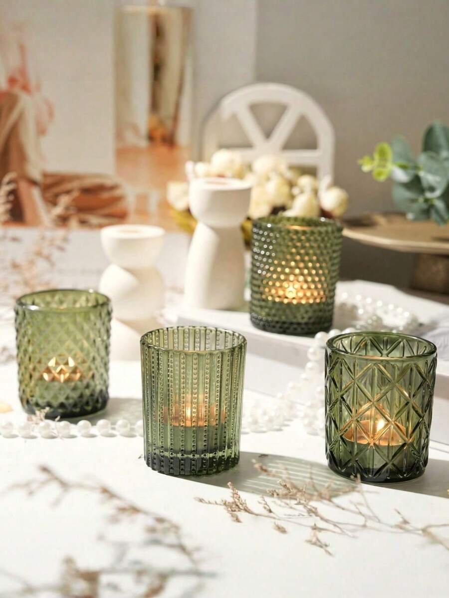 4PCS Green Votive Candle Holders, Assorted Tea Light Candle Holder Glass For Wedding Table Decor, Green Candle Holders For Table Centerpieces, Birthday, Christmas, And Tea Party Decorations - Multicolor - View 1