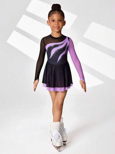 SHEIN Young Girls Figure Skating Dress, Black/Pink/Purple Floral Print, Sparkly Rhinestone Decor, Stretchy Sheer Mesh Sleeve Design, Competition Skating Leotard Dress