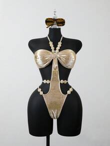 Bonvoyette 1件装纹理金色箔珠不对称装饰性感连体泳衣，女士，春夏款 - 彩色 - 查看 7