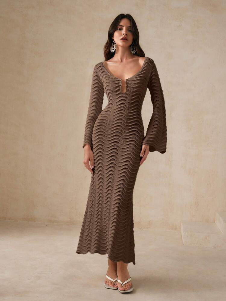 Elegant, Luxurious, And Dignified French Style Sexy Knitted Hollow Wave Flare Sleeve Maxi Dress, Suitable For Formal Occasions And Beach Wear, Spring/Summer