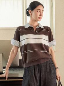 Dazy-Less Women's Casual Everyday Office Commute Contrast Stripe Pattern Polo Collar Roll-Up Sleeve Knit Top Business Casual Woman - Brown - View 4