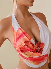 Swim Oasis Women's White Floral Summer Casual Pool Party Vacation Holiday 3 Pieces Set Bikini With Maxi Skirt,Halter Top,Tequila Sunrise Modest Resort Wear - Multicolor - View 6