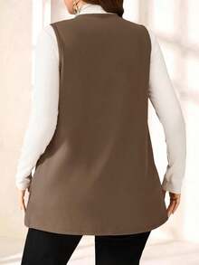 SHEIN PETITE CURVE Abrigo sencillo y casual de unicolor sin mangas y holgado con bolsillo, para primavera/verano, vacaciones en otoño/invierno, talla grande - Camel - Ver 2
