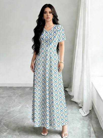 Al Najma Women's Bowknot Leaf Plant Print V-Neck Short Sleeve Elegant Dress, Spring/Summer