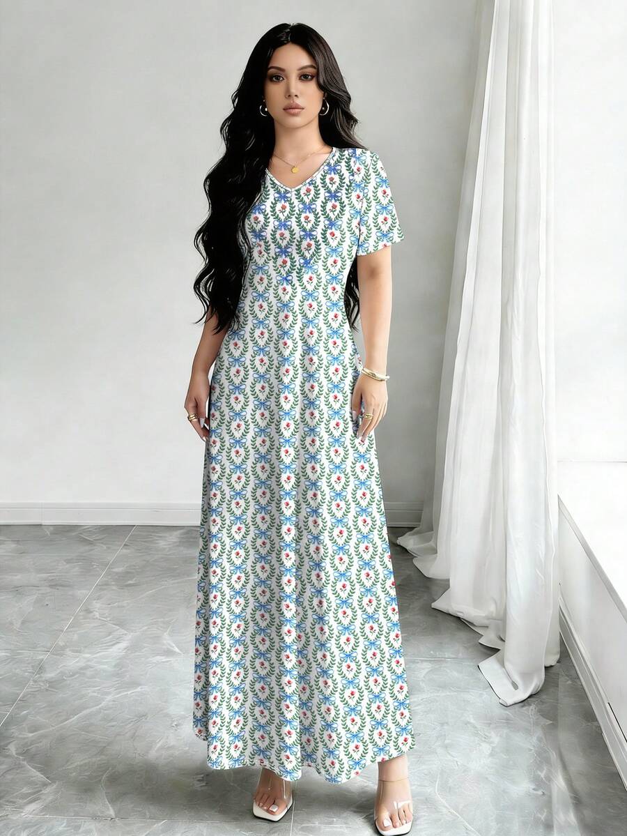 Al Najma Đầm ngắn tay cổ chữ V in họa tiết lá cây thắt nơ dành cho nữ, kiểu dáng thanh lịch, thích hợp cho mùa xuân/hè. - Nhiều màu - Xem 1