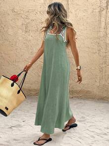 SHEIN Frenchy 女士夏季休闲度假风撞色滚边打结吊带连衣裙 - 綠色 - 查看 3