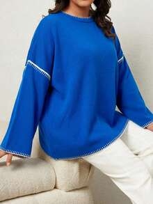Plus Size Round Neck Casual Contrast Trim Drop Shoulder Sweater - Royal Blue - View 5