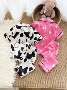 4件套女婴奶牛爱心印花仿丝睡衣套装 - 彩色 - 查看 2