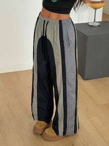 SHEIN EZwear 女士休闲日常通勤时尚街头撞色抽绳腰侧口袋宽松阔腿裤 - 彩色 - 查看 6
