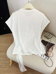 GlowEve 女士休闲系带水钻装饰T恤，夏季 - 杏色 - 查看 2