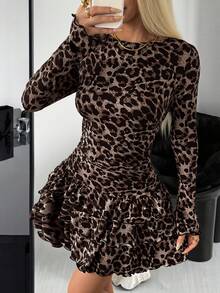 SHEIN EZwear Leopard Print Pleated Long Sleeve Fitted Knit Dress - Brown - View 1