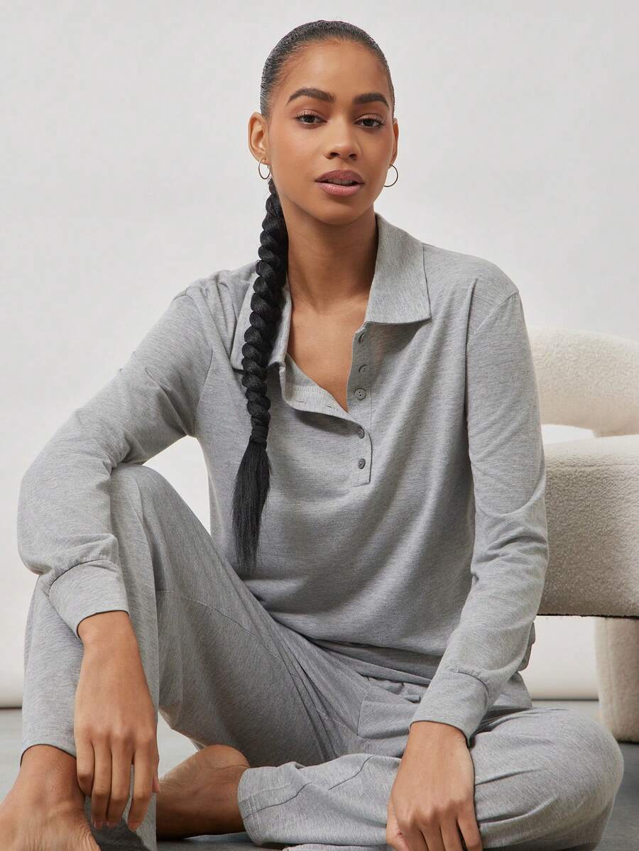 Ocili 2 Stücke schickes, legeres und bequemes Pyjama Set, Bambus-Faser Kragen & Knopf Langarm-Oberteil und lange Hose, Sommer - Grau - Übersicht 1