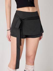 Ardnt Preppy Striped Design Fashion Shorts With Bowknot Decor, Casual Retro Style, Suitable For Spring/Summer - Black - View 4