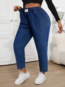 Firerie EZwear 大码修身锥形七分裤黑色牛仔裤，女士休闲街头风长裤，弹性腰带 - 深色水洗藍 - 查看 6