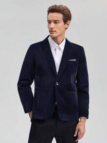 Officeau 男士时尚通勤翻领长袖纯色西装外套 - 藏蓝色 - 查看 5