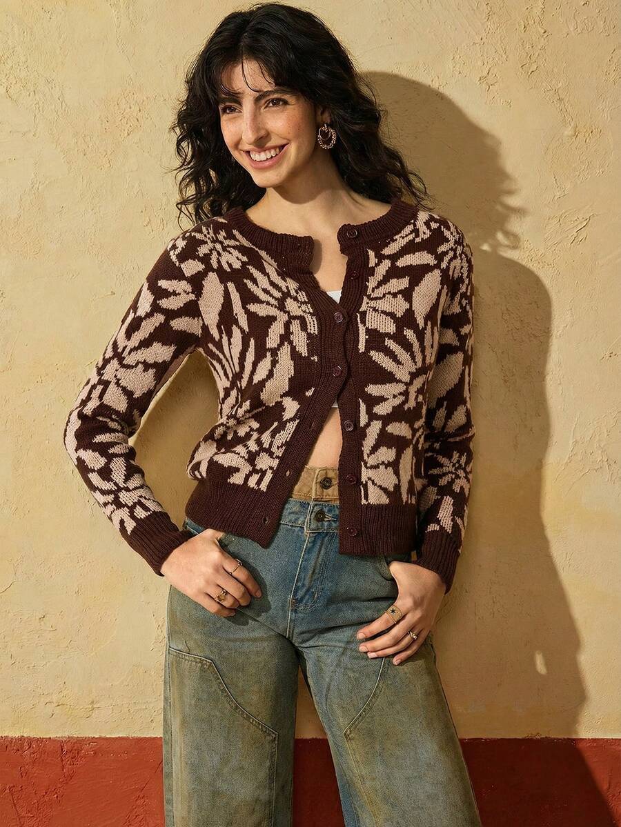 Felipe Marques Women's Floral Print Cardigan Sweater, Long Sleeve Open Front Casual Jacket For Autumn/Winter, Suitable For Vacation, Party, Evening Event - Brown - View 1