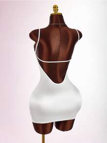 Amplova 女士蕾丝紧身睡裙式迷你连衣裙，白色，性感花卉饰边露背紧身款式，可爱 - 白色 - 查看 4