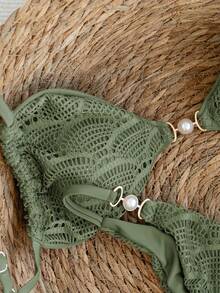 Swim Vcay 2026 Spring/Summer Green Grid + Polyester Adjustable Side High-Cut Bikini Set For Women, Sweet Vacation Bikini With Charm Boho Bikini Set Olive Green Swimsuit Green Vacation Outfit Olive Green Bikini - Army Green - View 5