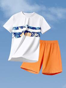 1件复古印花橙色泳裤，适合青少年男孩，采用弹力速干舒适针织面料，适合海滩、泳池、冲浪和夏季度假穿着。 - 橘色 - 查看 3