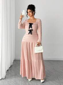 Elenzga Romantic Vintage Elegant Ruffled Texture Contrast Bow 2 Pieces Set, Casual Fashion For  Day - Pink - View 6