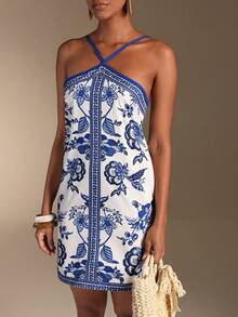 Swim Vcay 春夏新品：单件彩色印花露背前系带优雅度假风女式泳装裙 - 藍色 - 查看 7