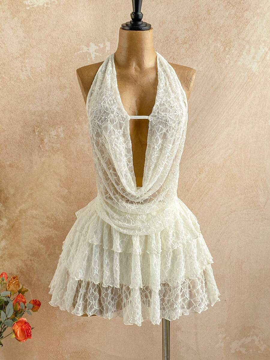 Soleia 女士度假风深V领荷叶边性感蕾丝吊带迷你连衣裙 - 白色 - 查看 1