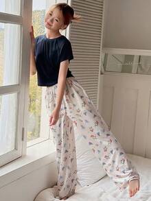 DAZY Teen Girl Solid Color Round Neck Short Sleeve Top And Grape Print Pants Pajama Set Summer - Navy Blue - View 8
