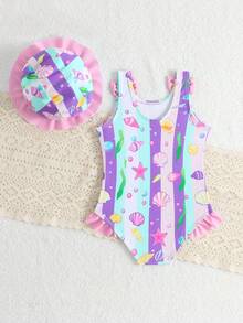 SHEIN Maillot de bain une pièce pour bébé fille avec nœud décoratif rayé, plage/resort - Parme - Voir 2