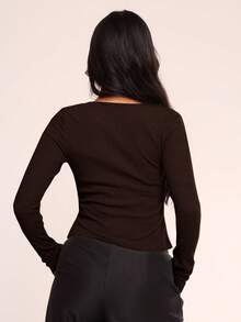 MUSERA 拉链圆领长袖上衣，休闲度假机场出行可爱返校冬季优雅款 - 巧克力棕 - 查看 2