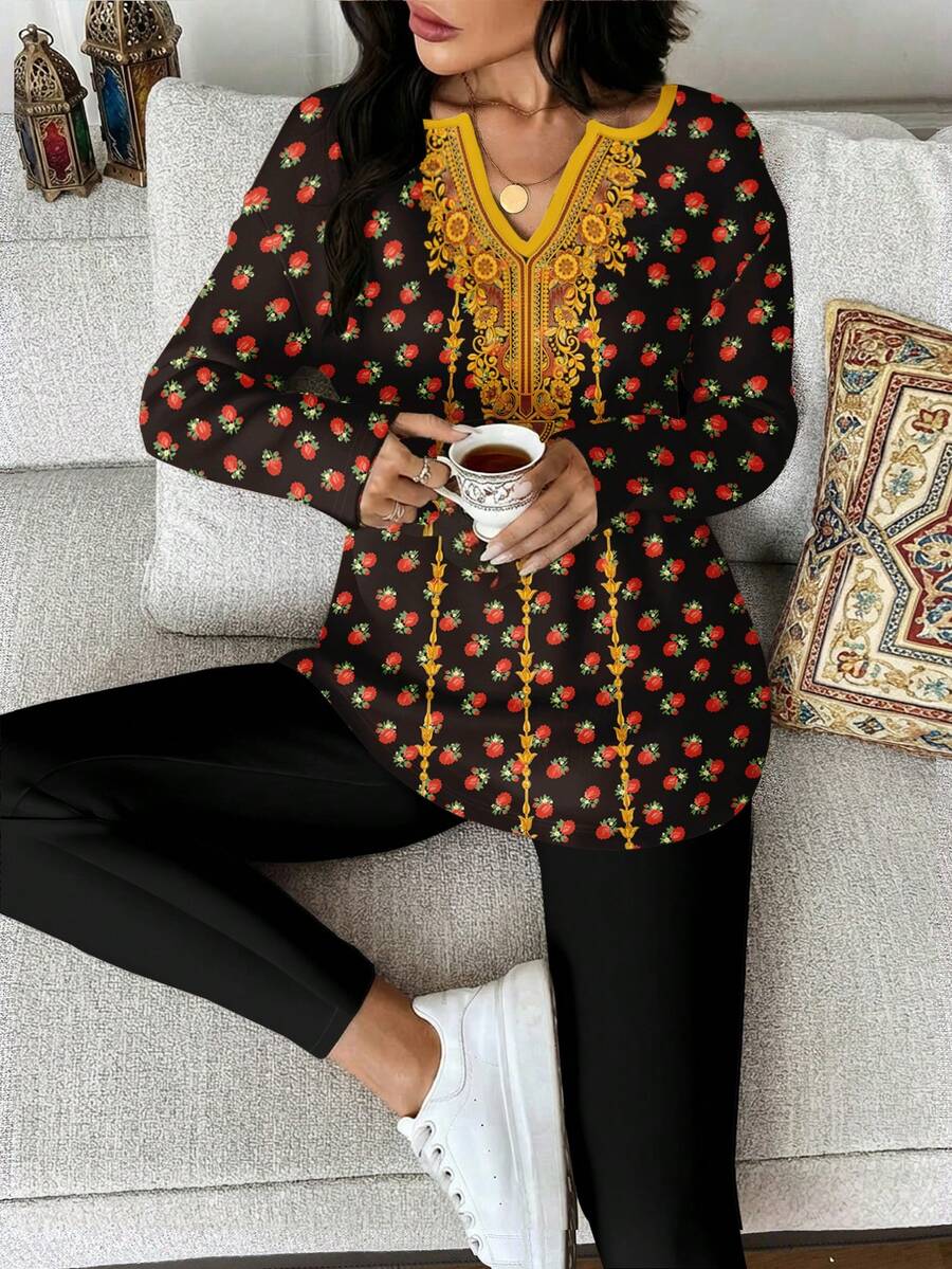 SHEIN LUNE Bộ 2 món áo thun dài tay và quần legging in họa tiết hoa hồng cổ điển dành cho nữ - Trang phục mặc nhà thanh lịch cho mùa thu/đông và xuân, thoải mái cho gia đình sum họp. - Nhiều màu - Xem 1