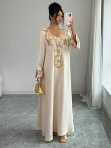 Yasmyna 女士彩色花卉亮片拼接宽松优雅阿拉伯风格连衣裙 - 彩色 - 查看 5