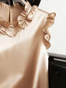 Franclia Women's Solid Color Frill Trim Round Neck Cap Sleeve Elegant Blouse - Apricot - View 4