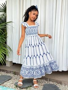 Tween Girl Elegant Floral Ruffled Sleeveless Dress, Evening Gown - Blue and White - View 4
